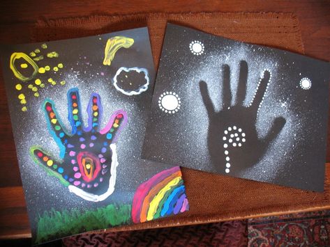 January 22nd, 2013...Aboriginal handprint art project with Cyrus...his on the left, mine on the right :) Winter Art Kids, Aboriginal Art For Kids, Art Ideas For Kids, Indigenous Studies, Aboriginal Education, Aboriginal Culture, Cave Wall, Handprint Art, Australian Art