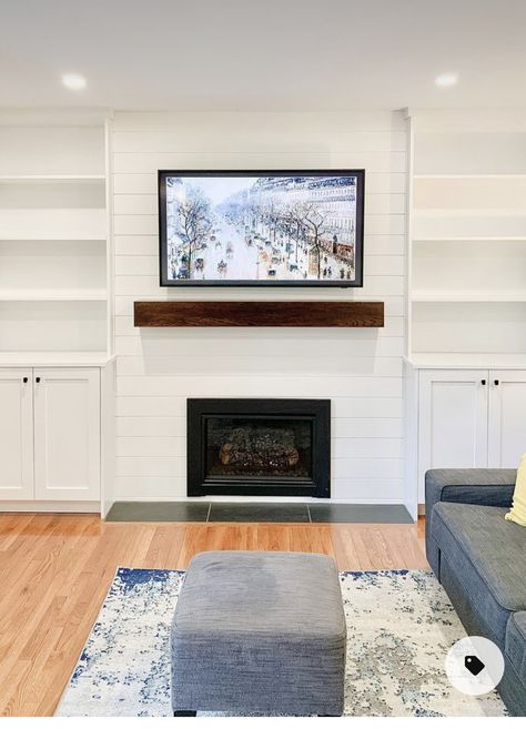 Fireplace Built Ins Uneven, Built Out Shelves Living Room Fireplace, Built In Shelves Living Room Gas Fireplace, Living Room Designs With Gas Fireplace, Gas Fireplace Tv Wall Built Ins, Gas Fireplace Built Ins With Tv, Gas Fireplace With Built Ins On Both Sides, Adding A Gas Fireplace To Living Room, Flush Fireplace With Built Ins