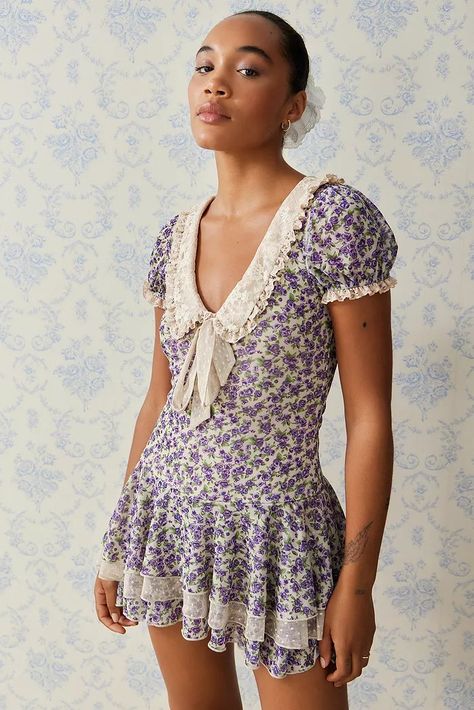 Women's Clothing, Clothes & Fashion | Accessories, Lingerie & Beauty | Urban Outfitters UK Floral Playsuit, Purple Fits, Kimchi Blue, Lace Collar, Urban Outfitters Women, Kimchi, Playsuit, Puff Sleeves, Cute Dresses