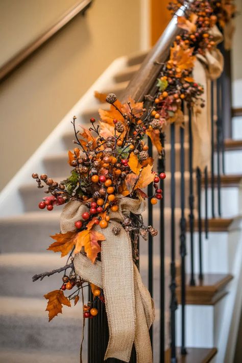 Fall staircase featuring alternating lanterns and baskets filled with pinecones and acorns Fall Staircase Decor, Fall Staircase, Autumn Decorations Indoor, Wedding Staircase Decoration, Garland For Staircase, Autumn Sayings, Banister Garland, Indoor Staircase, Wedding Staircase