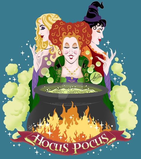 Hocus Pocus- Winifred, Sarah and Mary the Sanderson Sisters Witches with the cauldron of their potion Hocus Pocus Movie, Hocus Pocus Party, Hocus Pocus Witches, Halloween Hocus Pocus, Halloween Wallpaper Iphone, Halloween Painting, Halloween Card, Disney Halloween, Halloween Wallpaper