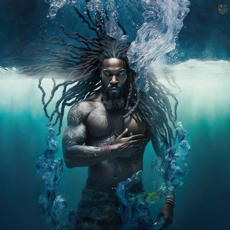 Art Black Love, Orishas Yoruba, Black Power Art, African American Hair, African Mythology, African American Man, Black God, African Art Paintings, Black Mermaid