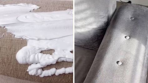 People Are Using Shaving Foam To Clean Their Sofas Cleaning Fabric Chairs, Remove Stains From Couch, Clean Fabric Couch, Clean Mattress Stains, Cleaning Microfiber Couch, Cleaning Car Upholstery, Microfiber Couch, Shaving Foam, Cleaning Fabric