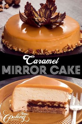 Gourmet Dessert Ideas, Professional Desserts Recipes, Caramel Mirror Glaze, Cake Mirror, Cake Glaze, Mirror Glaze Recipe, Entremet Recipe, Walnut Caramel, Cakes Beautiful