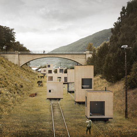 Buildings roll through the city on railway tracks in this masterplan by Swedish architects Jagnefalt Milton for Åndalsnes in Norway. Called A Rolling Masterplan, the design was created for a competition to design a masterplan for the city. Jagnefalt Milton's scheme would use both existing and new railway tracks to move buildings around according to the Cedric Price, Swedish Architecture, Mobile Architecture, Architecture Collection, Abandoned Train, Trondheim, Modern Hotel, Architecture Office, Cool Ideas