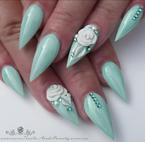 @AllisonG813  Spearmint Bridal Nail Color, Elegant Bridal Nails, Arrow Nails, Bridal Manicure, Mint Green Nails, Engagement Nails, Mint Nails, Green Acrylic Nails, Luminous Nails