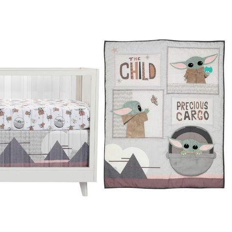 The Child aka Grogu and Baby Yoda is so cute and sweet even down to his tiny little feet. Your little padawan (Jedi-in-training) will love this amazing officially licensed Star Wars Mandalorian 3-piece nursery bedding collection which includes one quilt, one fitted crib sheet and one crib skirt. Unique patches on the quilt feature The Child/Baby Yoda in his taupe colored minky robe. His body is appliqued with minky and velour fabrics. His face is expertly embroidered, and his large eyes and inne Baby Yoda Nursery, Star Wars Quilt, Star Wars Nursery, Lambs & Ivy, Baby Crib Bedding Sets, Star Wars Mandalorian, Cot Quilt, Crib Skirt, Baby Crib Bedding