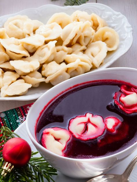 Uszka: Polish Christmas Dumplings (for Borscht) | Polonist Blueberry Pierogi, Beet Borscht, Polish Dumplings, Mushroom Filling, Borscht Soup, Pierogi Recipe, Beet Soup, Polish Christmas, Pastry Board