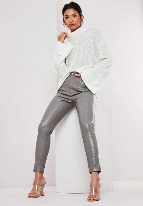 Grey Leather Pants, Slim Pants Outfit, Ladies Pants, Leather Pants Outfit, Shiny Pants, Work Clothing, Leather Pant, Slim Trousers, How To Hem Pants