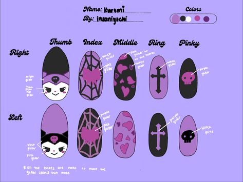 Monster High Nails, Kuromi Nails, Paper Nails, Black And Purple Nails, Almond Acrylic Nails Designs, Hello Kitty Nails Art, Fake Nails Designs, Hello Kitty Crafts, Paper Dolls Clothing