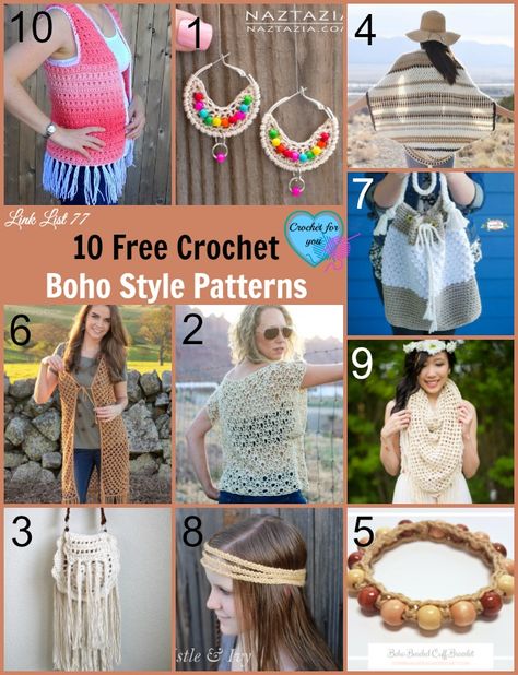 10 Free Crochet Boho Style Patterns Boho Crochet Necklace Pattern, Heart Potholder, Crochet Patterns Top, Spider Stitch, Cake Crochet, Bear Purse, Pompom Tassel, Tassel Crochet, Granny Hexagon