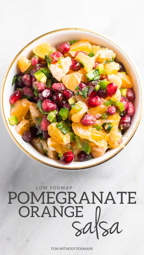 Fresh Winter Fruits are the stars of Pomegranate Orange Salsa. Serve with whole grain corn tortilla chips or on top of grilled fish, chicken, or shrimp. | more easy low FODMAP recipes at funwithoutfodmaps.com | #lowfodmap #glutenfree #salsa #fruit #pomegranate Salsa For Fish, Easy Low Fodmap Recipes, Orange Salsa, Low Fodmap Appetizers, Fruit Pomegranate, Easy Low Fodmap, Winter Fruits, Fodmap Friendly Recipes, Low Fodmap Snacks