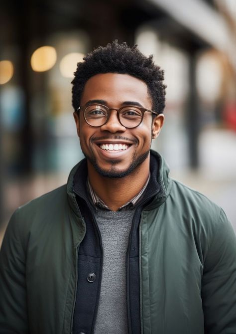 Happy millennial african american man in glasses portrait adult smile. | free image by rawpixel.com / Boom Male Poses Headshots, Mens Dating Profile Pictures, Men Profile Picture Ideas, Male Models Poses Photo Shoots, Specs For Men, Black Man With Glasses, Profile Poses, Male Headshot Poses, Portrait Glasses