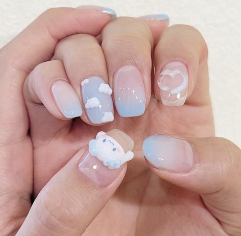 Nail Designs Birthday Ideas Simple, Cute Nails Sanrio, Sanrio Nails Simple, Sanrio Nails Short, Cinnamoroll Nail Art, Chrome Nails Silver, Korea Nail Art, Sanrio Nails, Chloe Nails