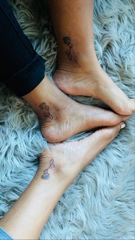 Small flower rose tattoo. Ankle tattoo. Friends forevee Matching Ankle Tattoos Friends, Ankle Tattoo Rose, Matching Ankle Tattoos, Rose Tattoo Ankle, Best Friends Matching Tattoos, Rose Ankle Tattoo, Flower Rose Tattoo, Friends Matching Tattoos, Rose Tattoo On Ankle