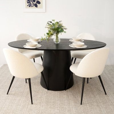 It is large enough to accommodate 2-4 people for dinner. This is a natural style ideal for today's dining spaces. Soft fabrics and padded cushions ensure your comfort. Our chairs are lightweight but sturdy and durable, it will only cost less than 20 mins to assemble with instructions. Color: Black | Wade Logan® Bende 4 - Person Dining Set Wood in Black | 30 H x 33.5 W x 67 D in | Wayfair Black Top Table Kitchen, Small Round Black Dining Table, Black Table Round, Small Round Dinning Table, Black Dining Table Aesthetic, Black Kitchen Table Chairs, Black Round Dining Table Decor, White Black Dining Room, Round Dining Table Ideas