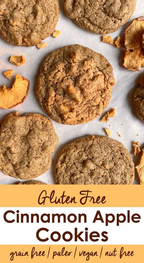 These gluten free cinnamon apple cookies are made with tahini, sweetened with maple syrup and filled with dried apple pieces. This apple cookie recipe is grain free, paleo and vegan friendly. #applecookies #vegancookies #nutfreepaleo Paleo Apple Pie Filling, Apple Cookies Gluten Free, Gluten Free Cinnamon Recipes, Gluten Free Persimmon Cookies, Apple Paleo Recipes, Paleo Vegan Cookies, Gluten Free Apple Cookies, Vegan Apple Cookies, Paleo Apple Recipes