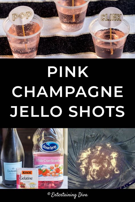 This easy pink champagne jello shots recipe is perfect for a New Year's party, bachelorette party or wedding. Made with white cranberry strawberry juice and champagne or prosecco, it tastes amazing, too! #entertainingdiva #newyearseve #champagne #partyideas #jelloshots #cocktailsandjelloshots Champagne Jello Shots Recipe, Blue Hawaiian Jello Shots, Pina Colada Jello Shots, Champagne Jello, Champagne Jelly, Champagne Jello Shots, Best Jello Shots, Jello Shot Cups, Jello Shots Recipe