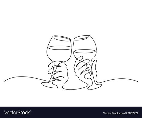 Clinking Glasses Tattoo, Line Drawing Hands, Wine Vector, Wine Tattoo, One Line Tattoo, Lip Logo, Glasses Of Wine, Bottle Drawing, Business Icons Vector