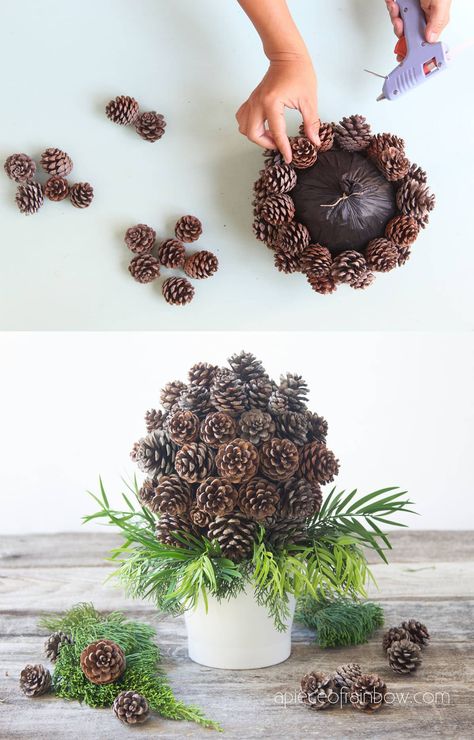 35 best Thanksgiving table decorations & easy DIY centerpiece ideas to create beautiful settings with colorful fall leaves, pumpkins, flowers, pine cones, linens, dinnerware & candles. – A Piece of Rainbow, home decor, kitchen, autumn, farmhouse, nature, tablescape, arrangements, budget décor, modern, vintage, rustic, dinner party Pinecone Topiary, Paper Pinecones, Pinecones Decor, Pinecone Decorations, Pinecone Wreaths, Cone Topiary, Simple Centerpieces Diy, Neutral Holiday Decor, Cozy Christmas Living Room