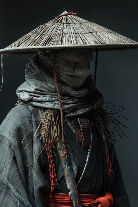 Samurai with Karakasa Hat Traditional Samurai Clothing, Japanese Hat Traditional, Ronin Clothing, Masked Samurai, Samurai Concept Art, Warrior Attire, Samurai Oc, Samurai Clothes, Samurai Reference