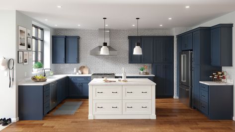 Gray Blue Kitchen Cabinets Shaker, Allen And Roth Port Cabinets, Navy Blue And White Kitchen Cabinets, Blue Cabinets White Countertops, Navy Blue And White Kitchen, Cabinet Shaker, Navy Kitchen Cabinets, Cabinets Colors, Corner Base Cabinet