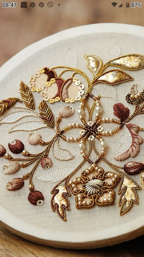 Gold Sequin Embroidery, Gold Flower Embroidery, Embroidery And Beading, Embroidery On Brown Fabric, Gold Work Embroidery Pattern, Goldwork Flowers, Sermeh Embroidery, Embriodary Design Ideas, Gold Embroidery Patterns