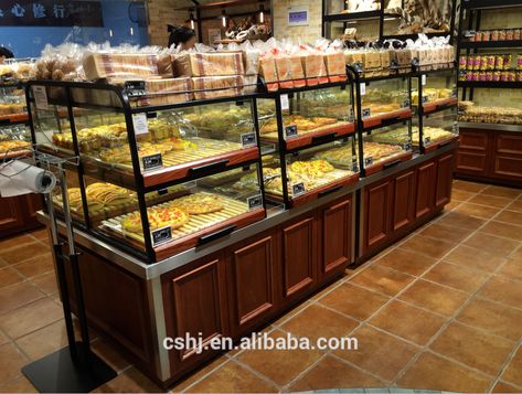 Bakery Rack Display, Bakery Showcase Display, Cake Display Counter, Display Cabinet Diy, Bakery Showcase, Sushi Catering, Island Display, Coffee House Design, Bread Display