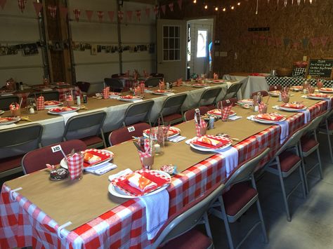 The tables all set for the low country boil birthday party. There were even bibs for the guests! Seafood Boil Party Ideas, Seafood Boil Party Decorations, Fish Fry Party, Shrimp Boil Party, Low Country Boil Party, Crab Boil Party, Seafood Broil, Seafood Dinner Party, Crawfish Party