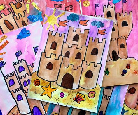 Painted Paper Art - mini masterpieces of art for kids Painted Paper Art, Teaching Art Elementary, Grade 1 Art, Infant Art, First Grade Art, Summer Art Projects, Castle Drawing, Castle Painting, Sand Castles