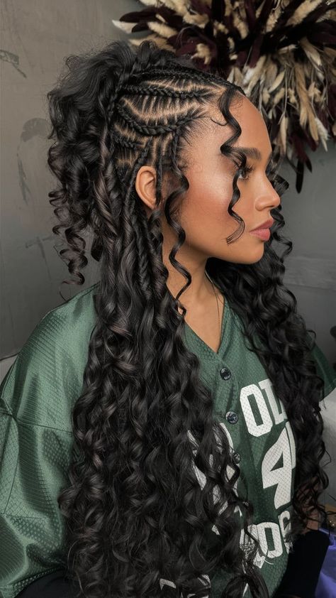 Combining bold braids with luxurious curls, this hairstyle features a braided crown that transitions into flowing, cascading curls. The intricate braid work adds structure and texture, while the curls bring volume and softness. This dramatic yet feminine look is perfect for special occasions like weddings or galas, offering a striking blend of modern styling and timeless beauty. Wedding Hairstyles With Braids, Cascading Curls, Hairstyles With Braids, Braided Crown, Crown Braid, Braided Hairstyles For Wedding, Feminine Look, Timeless Beauty, Braided Hairstyles