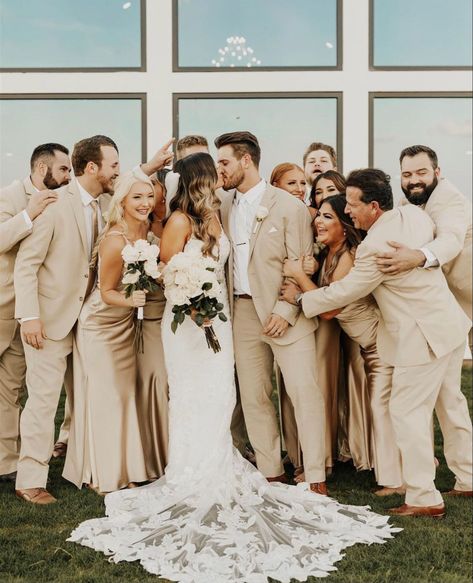 Groom And Groomsmen Attire Beige, Groom In Cream Suit, Beige Wedding Party Groomsmen, Neutral Bridal Party Groomsmen, Champagne Bridesmaid Dresses And Grooms, Sand Colored Groomsmen, Neutral Wedding Groom, Beige Bridesmaid And Groomsmen, Cream Tux Wedding