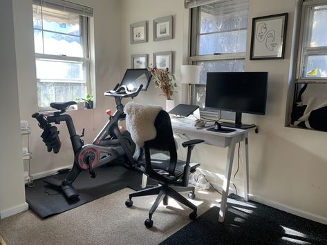 Office And Gym Combo, Home Office Workout Room Combo, Peloton Setup, Home Office And Gym Combo, Home Office Gym Combo, Office Gym Combo, Peloton Room Ideas, Home Office And Gym, Workout Room Home