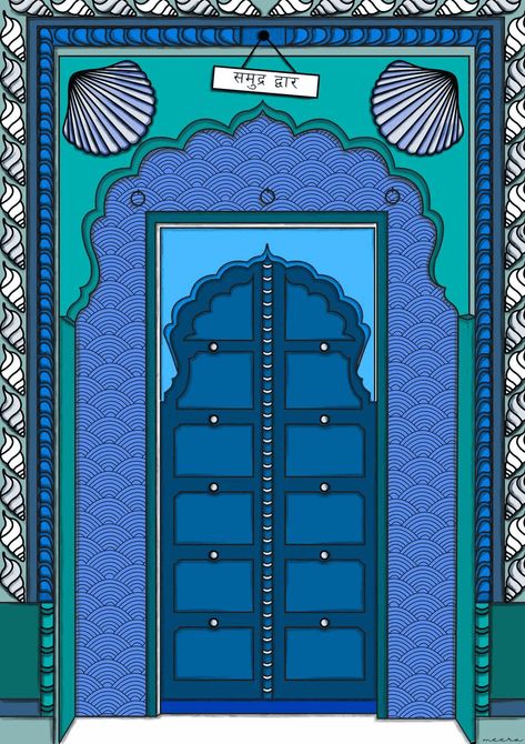 Portrayal of a door leading to a fantasy world made of shells under the ocean would look like in India. #digitalart #digitalartist #doors #gifs #nft Tropical Doors, Door Illustration, Indian Journal, Kalamkari Art, Desi Art, Floral Cards Design, Vaporwave Art, Under The Ocean, Iranian Art