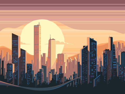 Сity sunrise landscape Retro Postcards, Sunrise City, Landscape City, Sunrise Landscape, Landscaping Inspiration, 그림 낙서, City Vector, City Cartoon, Building Illustration