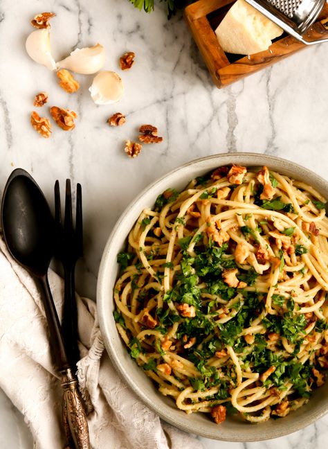 Bucatini with Walnut-Parsley Pesto — Penchant for Picnics Parsley Pesto, Calabrian Chili, Walnut Pesto, Finches, Wild Blueberries, Toasted Walnuts, The Shift, Vegetarian Dishes, How To Cook Pasta