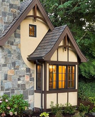 Small European House, Pocket Neighborhood, Tudor Cottage, Log House, Tiny House Floor Plans, European House, Stone Fireplace, Small House Design, Log Homes