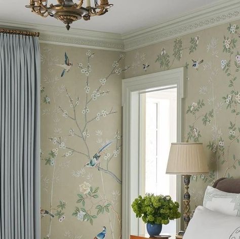 Leontine Linens on Instagram: "Leontine and de Gournay are a match made in heaven ��🤍⁠ ⁠ This beautiful bedroom is designed by Shelby Wagner featuring our Gwen border and Addison monogram 🪡⁠ ⁠ #MyLeontine #LeontineLinens #Chinoiserie #Wallpaper #CustomLinens #InteriorDesign #BedroomInspo" Leontine Linens, Chinoiserie Wallpaper, Beautiful Bedroom, A Match Made In Heaven, Master Bedrooms, Match Made In Heaven, Made In Heaven, Match Making, Beautiful Bedrooms