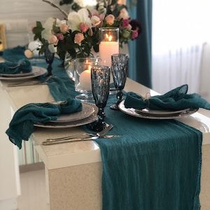 Navy Blue Wedding Centerpieces Gauze Runner Wedding Day | Etsy Blue Cheese Cloth Table Runner, Wedding Decor Neutral, Teal Centerpieces, Cheese Cloth Table Runner, Rustic Wedding Table Runners, Teal Blue Weddings, Teal Table, Cloth Table Runner, Blue Wedding Centerpieces