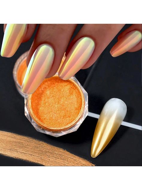 Orange  Collar  PET  Nail Glitter Embellished   Nail,Hand & Foot Care Mirror Effect Nails, Neon Mirror, Gradient Nail Art, Blue Chrome Nails, Pearl Nail, White Women Dresses, Nail Gems, Orange Gradient, Chrome Nail Powder