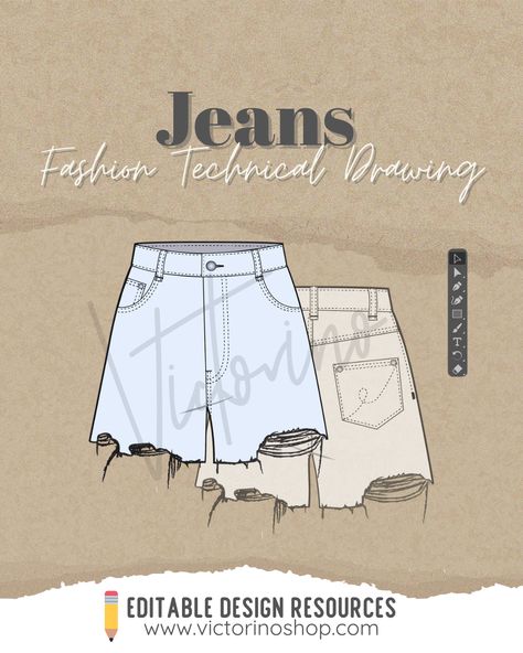 ✏️ Fashion Technical Drawing of Jean Shorts for Casual Summer Style Discover the freshness of summer with this technical drawing of jean shorts. Perfect for a casual style, this design highlights the comfort and versatility of jean shorts for hot days. #technicalDrawing #jeanShorts #casualStyle #summerFashion #fashionInspiration #summerOutfit #freshFashion #fashionArt  ️ Jeans Technical Drawing, Fashion Technical Drawing, Technical Drawings, Denim Jeans Ripped, Ripped Denim Shorts, Tech Pack, Clothing Mockup, Curated Design, Short Jeans