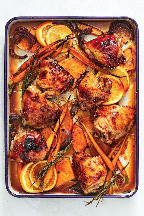 Using chicken thigh cutlets, which are bone-in, makes this tray bake extra juicy even after being baked. The flavours of the chicken, orange and honey all mingle together to create a wonderfully rich, saucy dish - minimal effort required. #honeychicken Chicken Thigh Tray Bake, Chicken Thigh Tray Bake Recipes, Chicken Thigh Cutlets, Chicken Thigh Cutlets Recipe, Chicken Thigh Cutlet Recipes, Tray Bake Dinner, Chicken Tray Bake Recipes, Tray Meals, Traybake Recipes