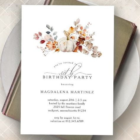 $1.95 | 80th Birthday Party White Pumpkin Fall Flowers #80th birthday party invitation invite, pretty white watercolor pumpkin, gold yellow burgundy red brown, sophisticated chic autumn color palette, modern minimalist simple, traditional classic theme idea, digital download printable online, adult woman man boho aesthetic, elegant calligraphy typography template, rustic fall foliage leaves cottagecore Color Palette Modern, Birthday Pumpkin, Flowers Invitation, 100th Birthday Party, Fall Birthday Parties, 90's Birthday Party, Soft Watercolor, 40th Birthday Invitations, Autumn Display