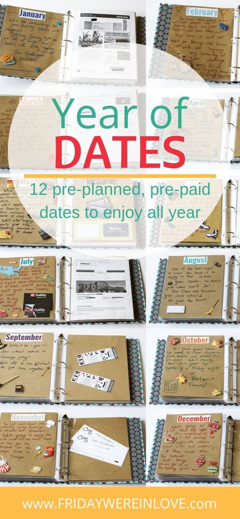 Year of Dates Gift: Gift 12 pre-paid, pre-planned date nights to enjoy all year long! This ultimate husband gift idea (or boyfriend gift idea) is always a hit! They've included hundreds of date ideas to make planning and gifting 12 months of dates so easy!  #dateideas #yearofdates #12monthsofdates #husbandgift #fridaywereinlove