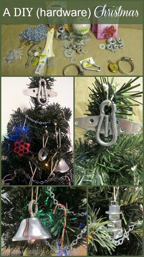 hardware items as Christmas decor Hardware Items, Diy Snowman Ornaments, Steampunk Christmas, Diy Christmas Garland, Things To Make, Christmas Tree Decor, Mini Christmas Tree, Christmas Ornament Crafts, Christmas Ornaments To Make