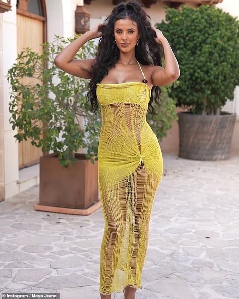 Sheer Yellow Dress, Maya Jama, Mustard Dress, Mustard Dressing, Love Island, Sheer Dress, Yellow Dress, Crochet Dress, Mustard