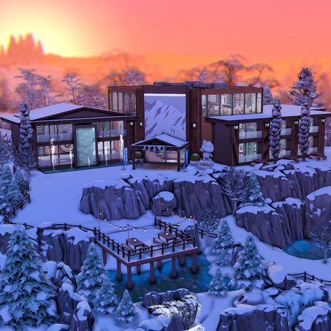 A snow covered Spa and Ski Resort made in the game Sims 4. Minecraft Resort Hotel, Ski Resort Bloxburg, Sims 4 Ski Resort, Sims 4 Ski Lodge, Sims 4 Snowboarding Cc, Sims 4 Ice Skating Rink, Sims 4 Resort Build, Minecraft Ski Resort, Sims 4 Skiing Cc