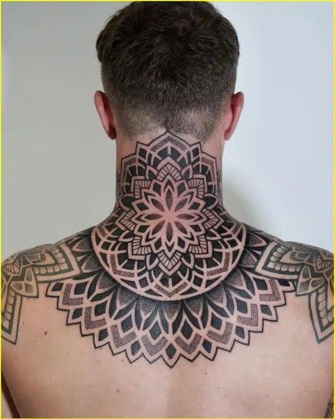 Men's Chest Tattoo Ideas, Geometric Throat Tattoo, Tattoo Women Back, Mandala Tattoo Neck, Mandala Chest Tattoo, Man Tattoo Ideas, Geometric Tattoo Neck, Back Of Neck Tattoo Men, Mandala Tattoo Back