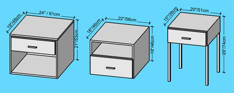 Bedside tables: types and measurements Bedside Table Measurements, Bedside Table Height, Unusual Bedside Tables, Bedside Table Dimensions, Bedside Table Size, Bedroom Side Table, Chest Bedside Table, Simple Side Tables, Table Measurements