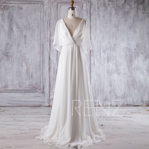 Evening Dress Long Sleeve, White Beach Wedding Dresses, Simple Wedding Dresses, Wedding Dress White, Evening Dress Long, Chiffon Wedding Dress, Sleeve Gown, Wedding Dress Chiffon, V Neck Wedding Dress